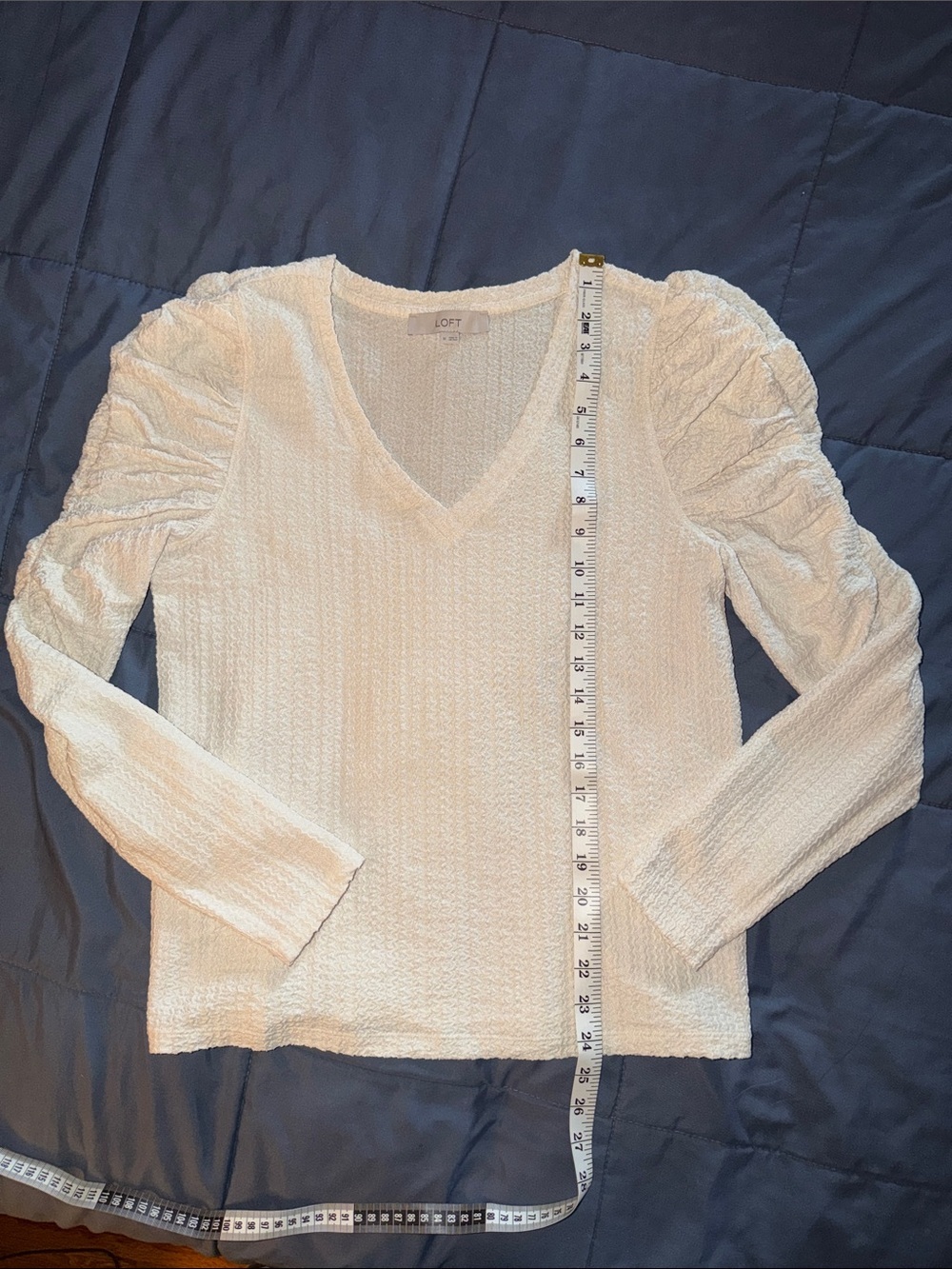 LOFT Cream V-Neck Textured Puff Sleeve Long Sleeve Top